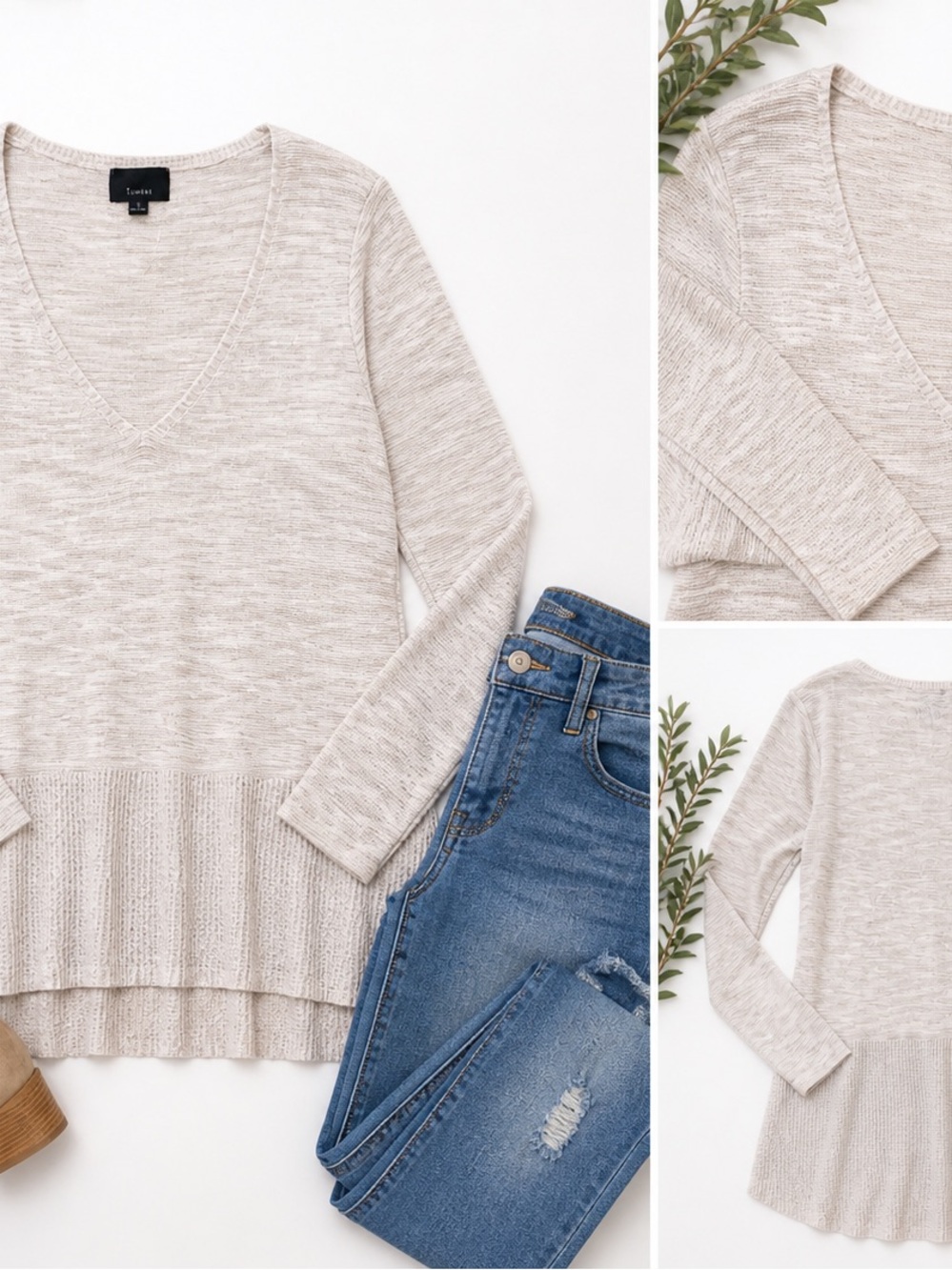 Lumiere Oatmeal Knit Tunic Sweater V-Neck Peplum Hem Lightweight Boho Small - Picture 5 of 5